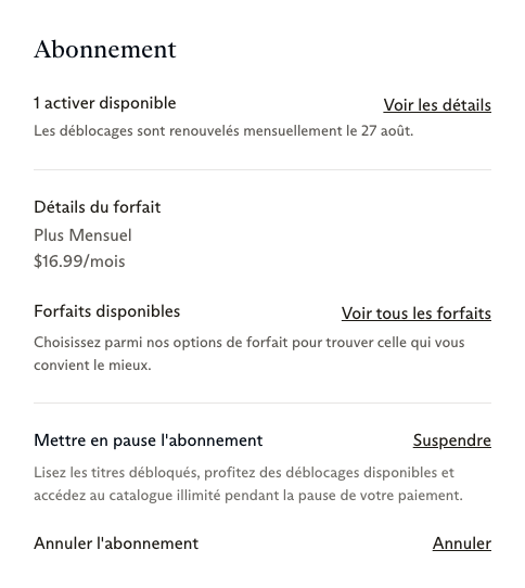La section Abonnement d’une page de compte Everand. Elle liste les activations disponibles, les détails du plan avec le nom et le prix du plan, les plans disponibles, une ligne Pause abonnement avec un lien Pause, et une ligne Annuler l’abonnement avec un lien Annuler.