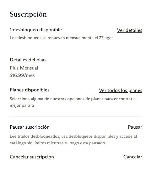 La sección Suscripción de una página de cuenta de Everand. Enumera los desbloqueos disponibles, detalles del plan con el nombre y precio del plan, planes disponibles, una fila de Pausar suscripción con un enlace para Pausar, y una fila de Cancelar suscripción con un enlace para Cancelar.