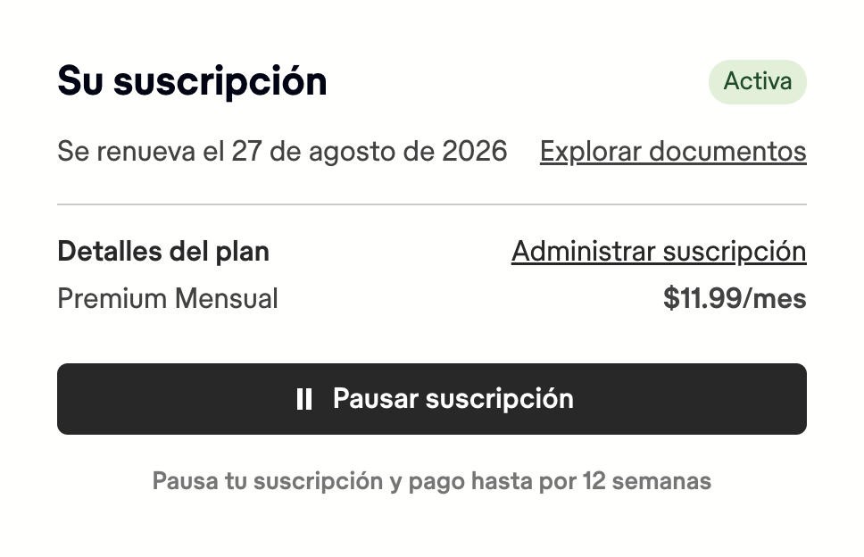 La sección Tu suscripción de la página de cuenta de Scribd, mostrando una insignia Activa, una fecha de renovación, Detalles del plan, un enlace Administrar suscripción y un botón Pausar suscripción.