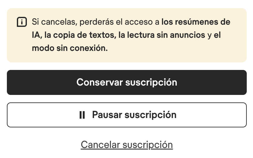 Página para administrar tu suscripción, comparando el plan Básico gratuito con el plan Premium actual, con botones Mantener suscripción y Pausar suscripción y un enlace Cancelar suscripción debajo.