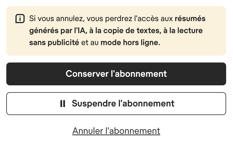 Page de gestion de votre abonnement, comparant le plan Basic gratuit au plan Premium actuel, avec les boutons Garder l'abonnement et Mettre l'abonnement en pause et un lien Annuler l'abonnement en dessous.