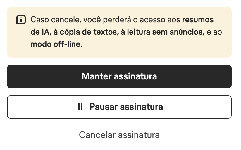 Página Gerenciar sua assinatura, comparando o plano Básico gratuito com o plano Premium atual, com botões Manter assinatura e Pausar assinatura e um link Cancelar assinatura abaixo.