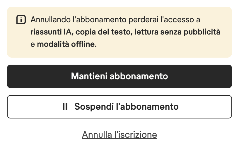 Pagina Gestisci il tuo abbonamento, che confronta il piano Base gratuito con l'attuale piano Premium, con i pulsanti Mantieni abbonamento e Metti in pausa abbonamento e un link Annulla abbonamento sotto.