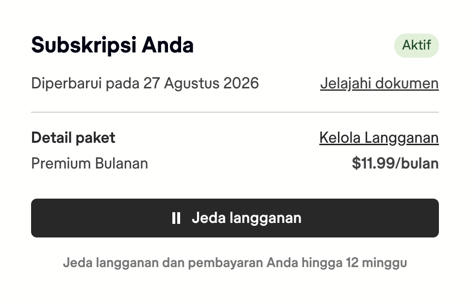 Bagian Langganan Anda dari halaman akun Scribd, menunjukkan lencana Aktif, tanggal Perpanjangan, Detail Paket, tautan Kelola Langganan, dan tombol Jeda langganan.