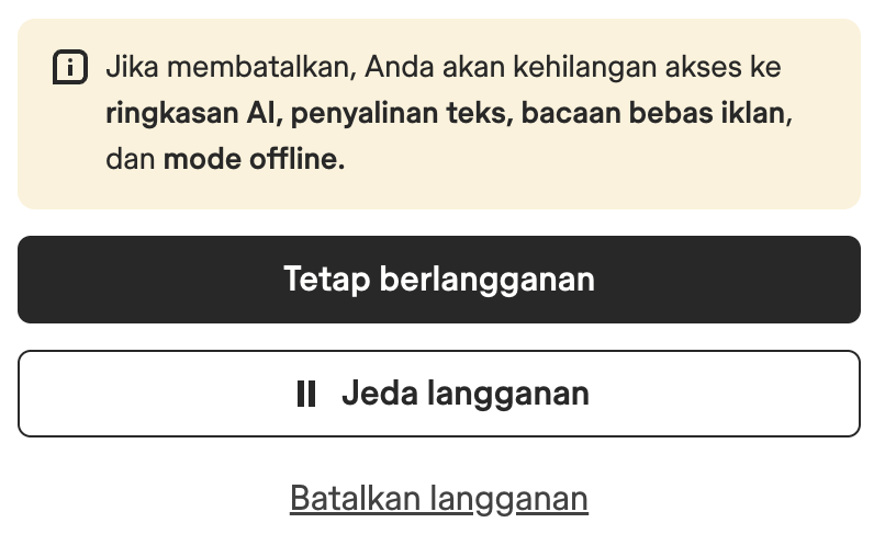 Halaman kelola langganan Anda, membandingkan paket Basic gratis dengan paket Premium saat ini, dengan tombol Pertahankan langganan dan Jeda langganan serta tautan Batal langganan di bawahnya.