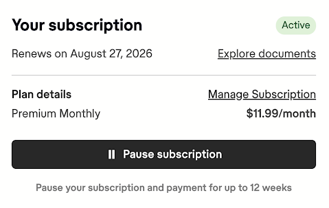 The Your subscription section of a Scribd account page, showing an Active badge, a Renews on date, Plan details, and a Pause subscription button captioned "Pause your subscription and payment for up to 12 weeks.