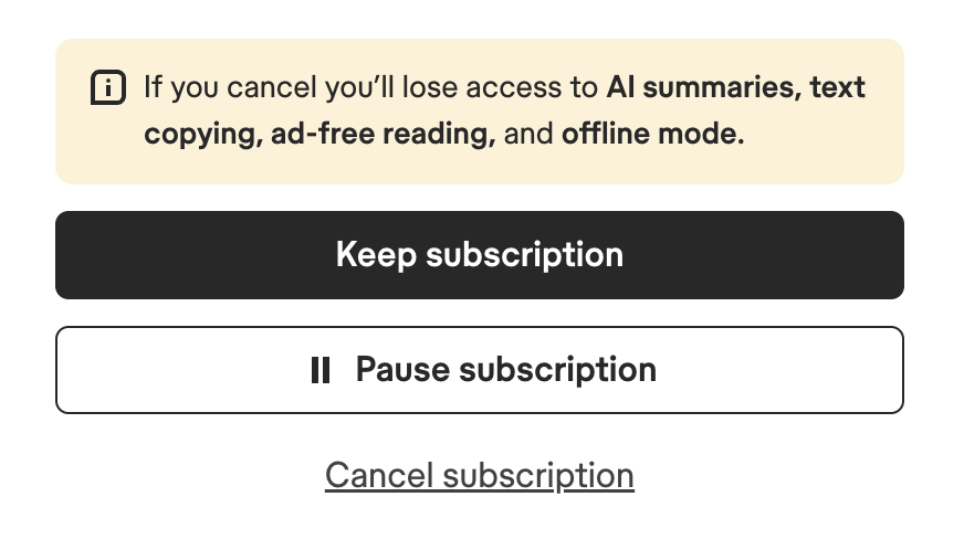 Página Gerenciar sua assinatura, comparando o plano Básico gratuito com o plano Premium atual, com botões Manter assinatura e Pausar assinatura e um link Cancelar assinatura abaixo.